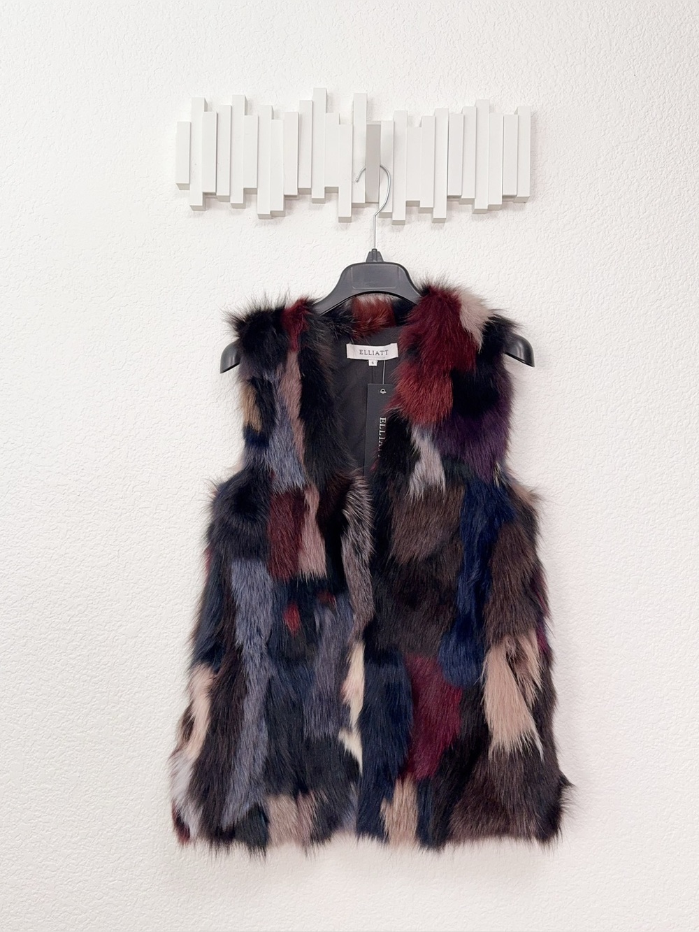 Elliatt Multicolor Fur Patchwork Plush Textured Longline Vest Hook & Eye NWT